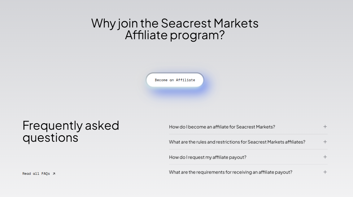 Promotional banner for Seacrest Markets affiliate program featuring high commission rates