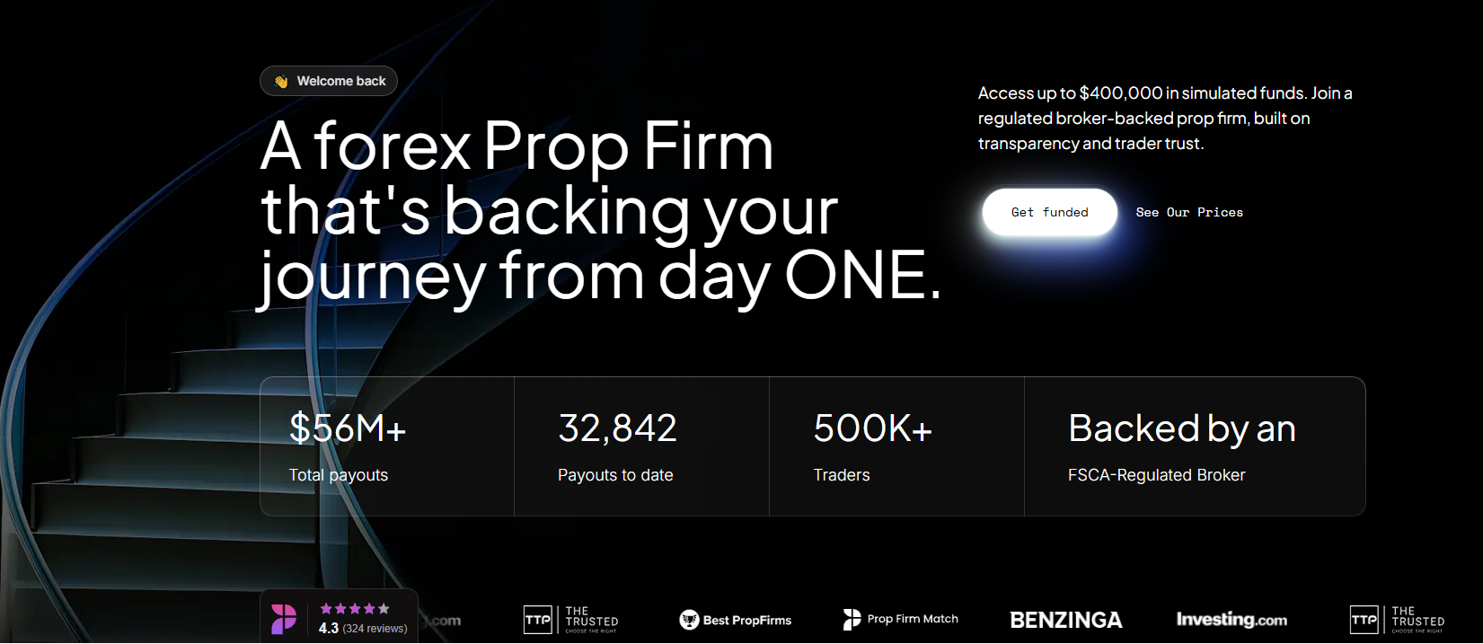 Seacrest Funded dashboard showing crypto trading pairs and account balance